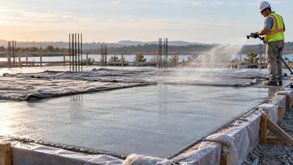 Concrete curing methods applied with water to a newly placed concrete slab