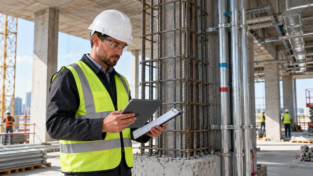 Construction inspection checklist completed by an engineer beside structural work