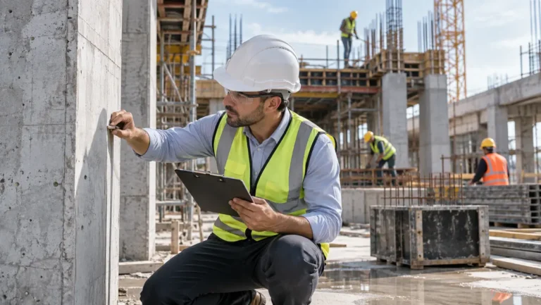 Construction quality control inspection on a modern building site