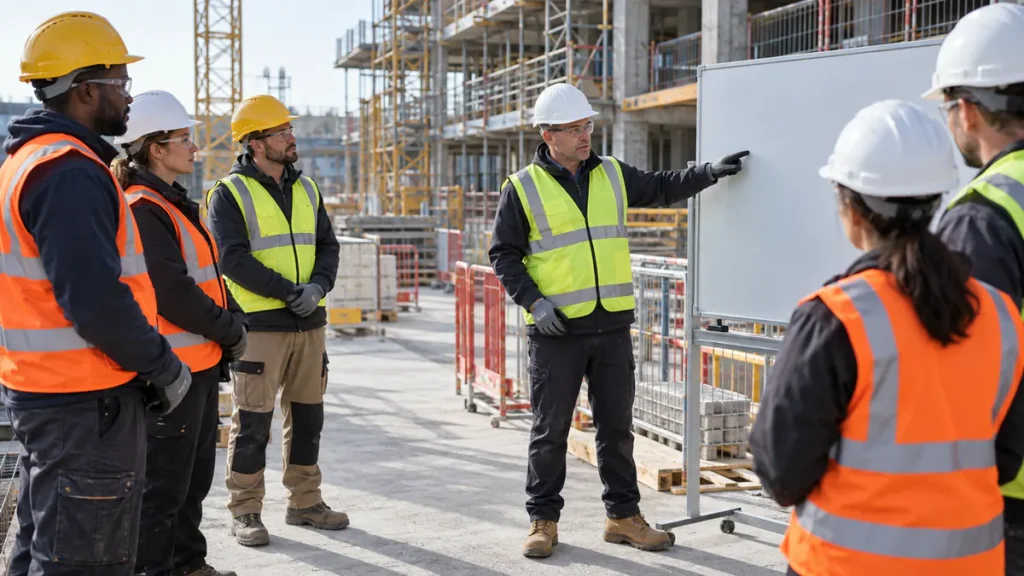 Construction site safety checklist reviewed by a construction team before work starts
