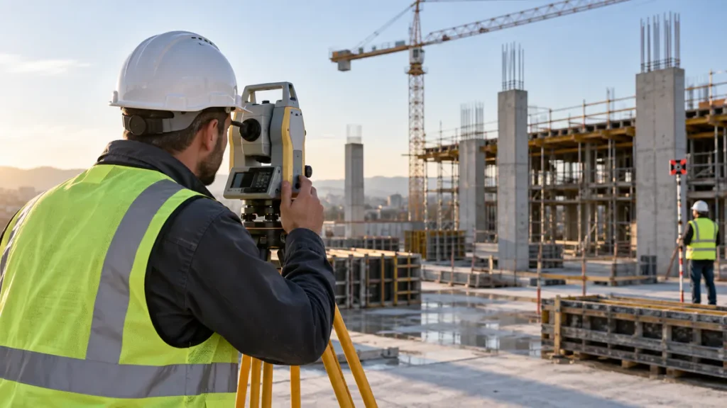 Surveyor using a total station for site surveying on a construction project