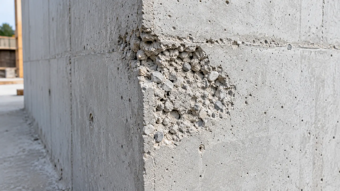 concrete honeycombing: localized exposed aggregate and voids in a concrete corner