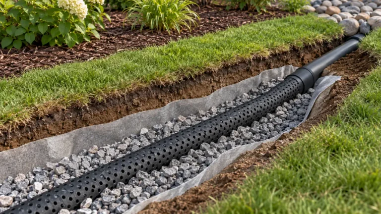 French drain: illustrative gravel trench with perforated collection pipe and a closed connection