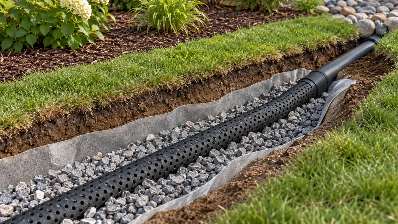 French drain: illustrative gravel trench with perforated collection pipe and a closed connection