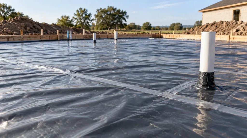vapor barrier under concrete slab: sealed sheet seams and pipe penetrations before a slab pour